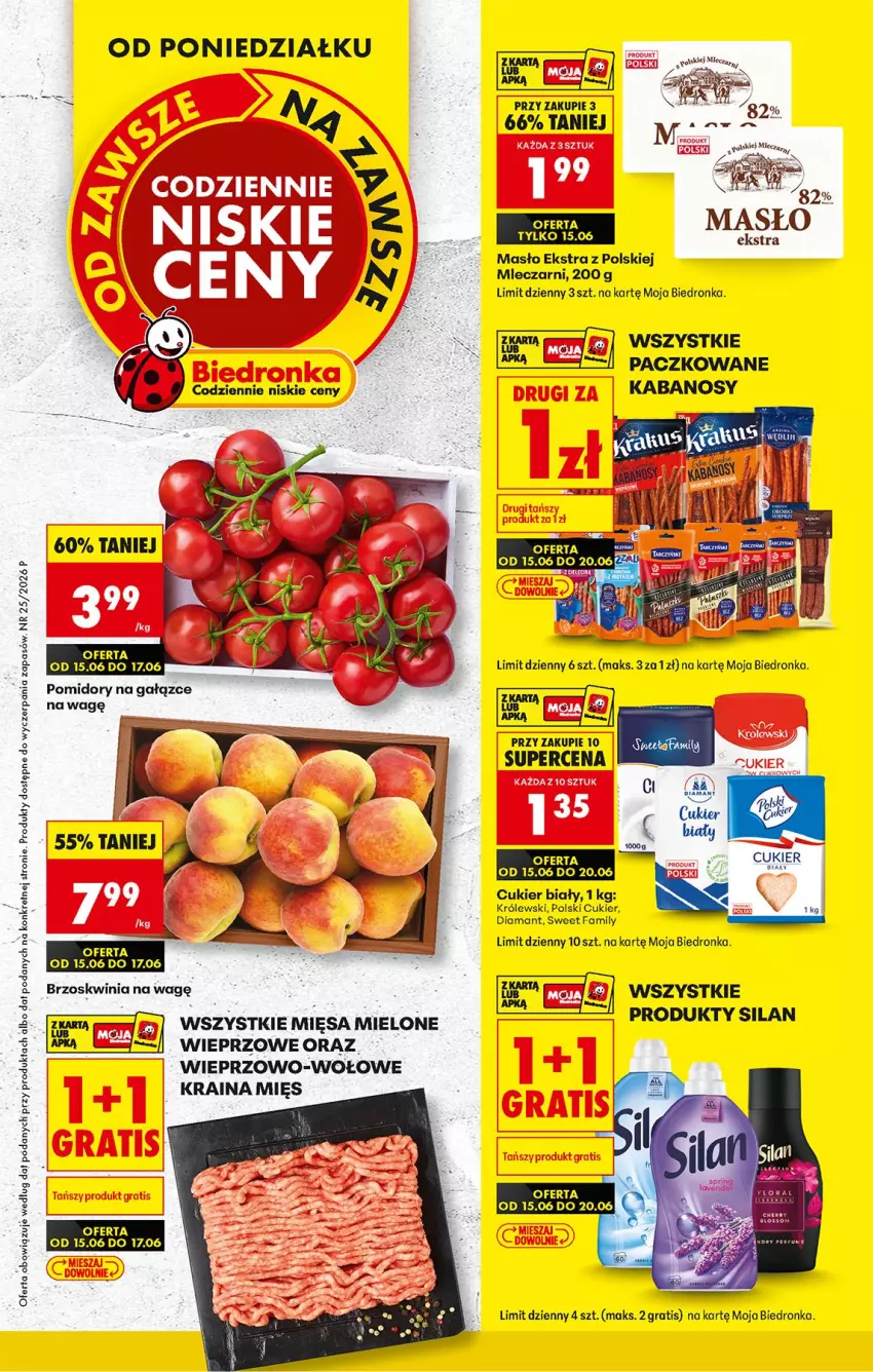 Gazetka promocyjna Biedronka - Od Poniedziałku - ważna 15.06 do 20.06.2026 - strona 1 - produkty: Cukier, Diamant, Fa, Gra, Kabanos, Kret, Królewski, Masło, Pomidory, Silan