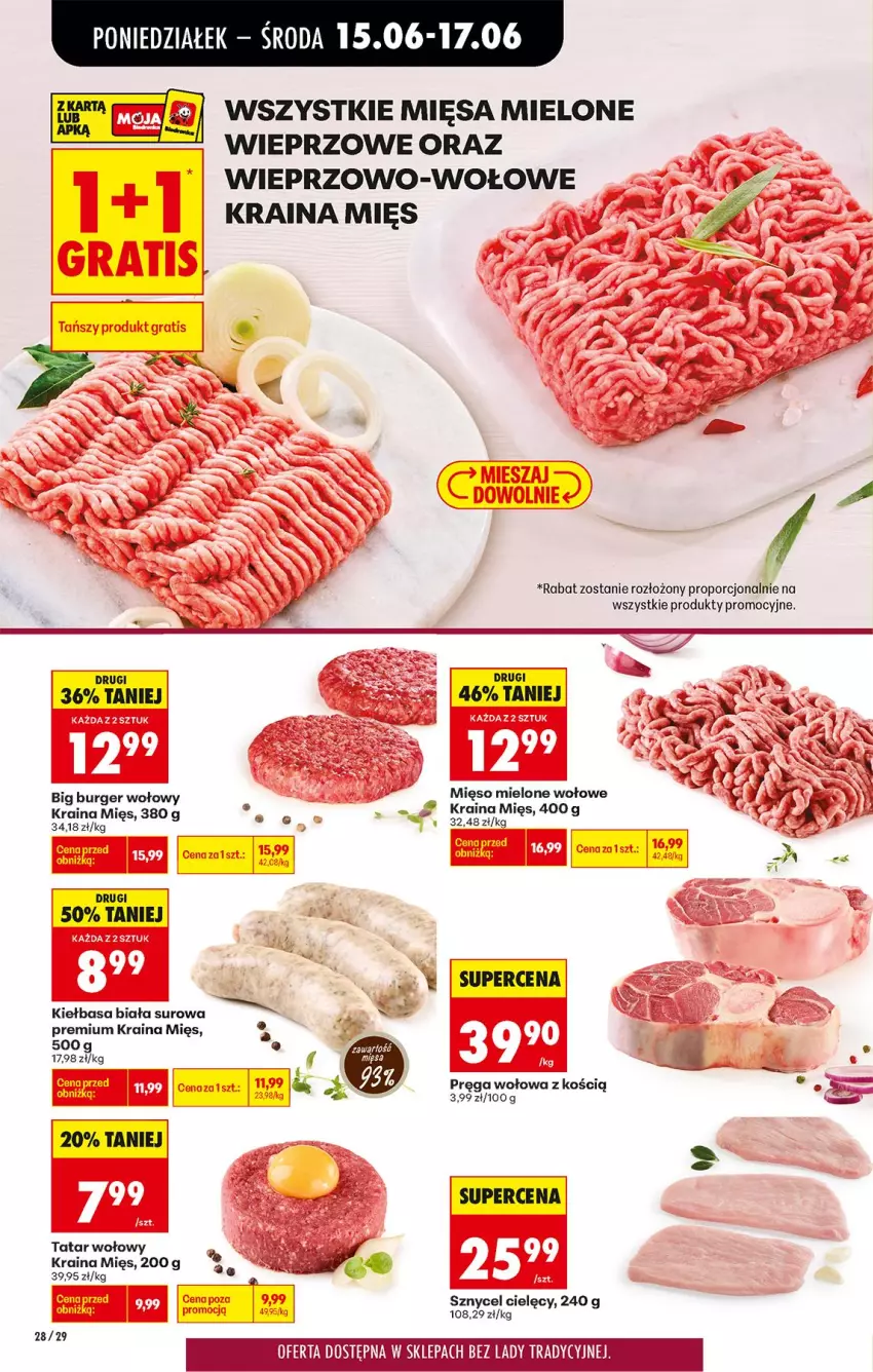 Gazetka promocyjna Biedronka - Od Poniedziałku - ważna 15.06 do 20.06.2026 - strona 36 - produkty: Burger, Kiełbasa, Kiełbasa biała, Mięso, Mięso mielone, Por, Pręga wołowa, Tatar wołowy