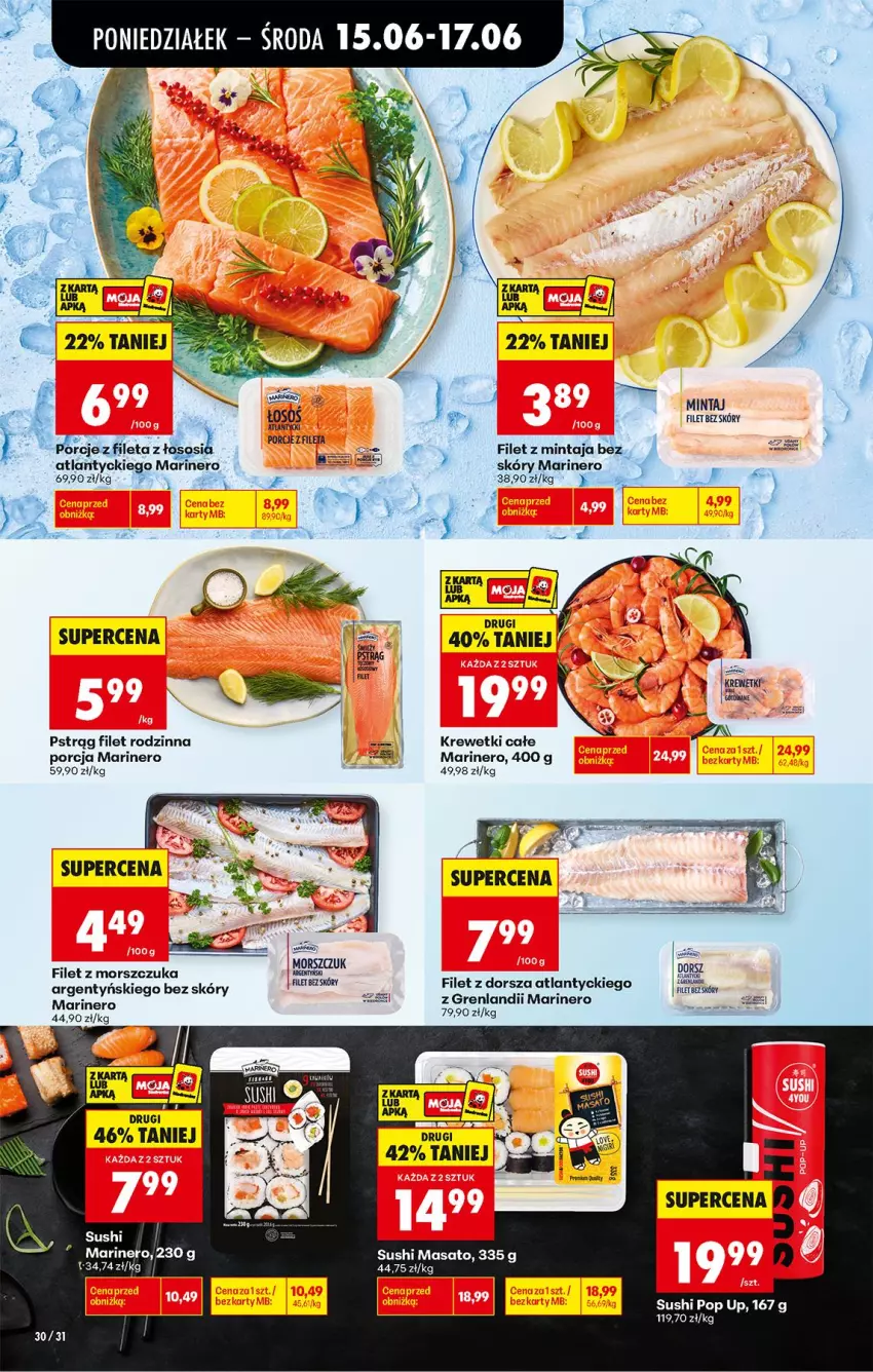 Gazetka promocyjna Biedronka - Od Poniedziałku - ważna 15.06 do 20.06.2026 - strona 38 - produkty: Dorsz, Filet z dorsza atlantyckiego, Filet z mintaja, Filet z morszczuka, Krewetki, Mintaj, Por, Pstrąg, Sos, Sushi