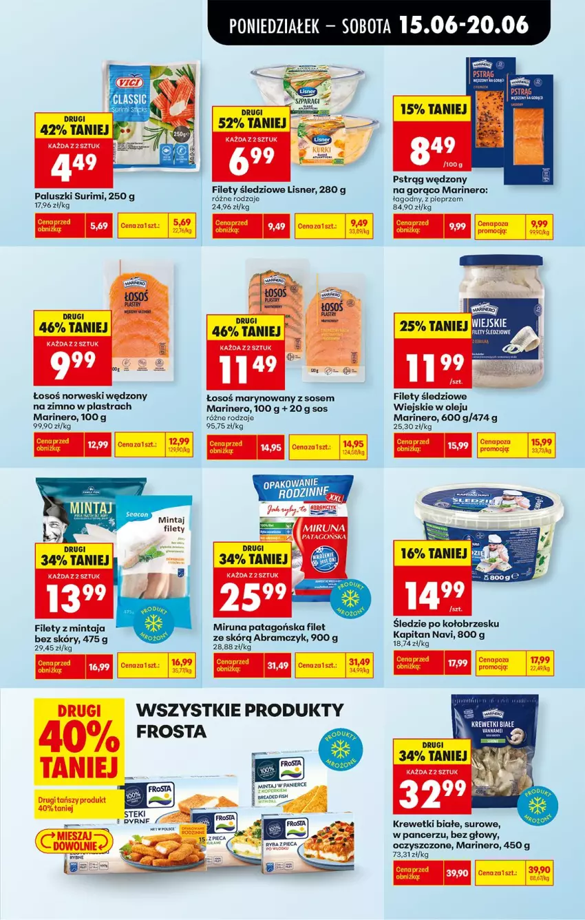 Gazetka promocyjna Biedronka - Od Poniedziałku - ważna 15.06 do 20.06.2026 - strona 39 - produkty: Frosta, Krewetki, LG, Lisner, Mintaj, Miruna, Olej, Piec, Pieprz, Pstrąg, Pstrąg wędzony, Sos, Surimi, Tago