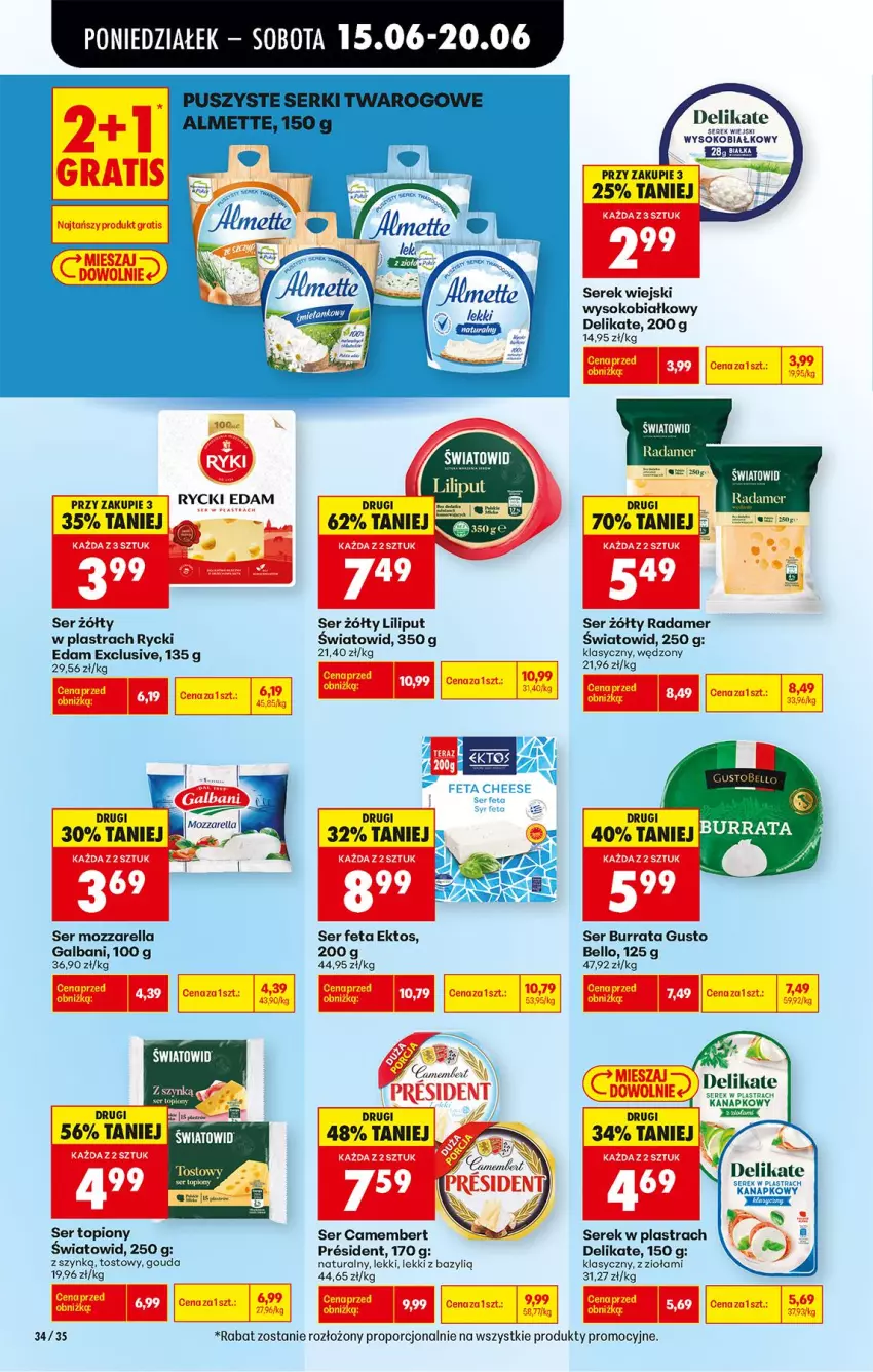 Gazetka promocyjna Biedronka - Od Poniedziałku - ważna 15.06 do 20.06.2026 - strona 42 - produkty: Bazyl, Bell, Burrata, Camembert, Edam, Feta, Galbani, Gouda, Gra, LG, Mozzarella, Por, Radamer, Rycki Edam, Ser, Ser topiony, Serek, Serek wiejski, Sok, Top