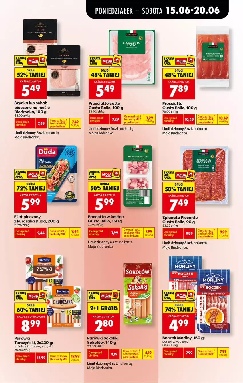 Gazetka promocyjna Biedronka - Od Poniedziałku - ważna 15.06 do 20.06.2026 - strona 47 - produkty: Bell, Boczek, Duda, Fa, Gra, Kurczak, LG, Morliny, Parówki, Parówki sokoliki, Piec, Por, Prosciutto, Sok, Sokołów, Szynka, Tarczyński