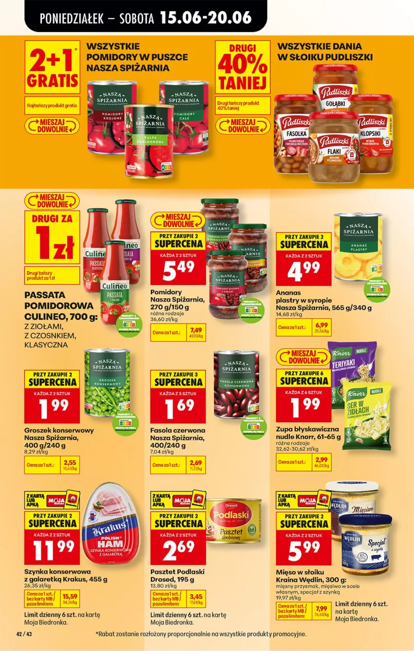 Gazetka promocyjna Biedronka - Od Poniedziałku - ważna 15.06 do 20.06.2026 - strona 56 - produkty: Ananas, Fa, Fasola, Gala, Gin, Groszek, Knorr, Krakus, Mięso, Mięso w słoiku, Pasztet, Podlaski, Pomidory, Por, Pudliszki, Rosie, Sati, Ser, Sos, Syrop, Szynka, Szynka konserwowa, Zupa