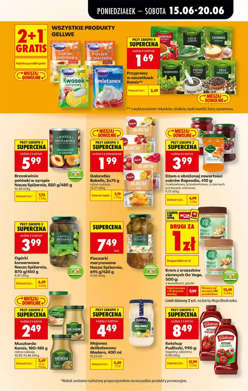 Gazetka promocyjna Biedronka - Od Poniedziałku - ważna 15.06 do 20.06.2026 - strona 57 - produkty: Brzoskwinie, Gala, Galaretka, Gra, Kamis, Kawa, Ketchup, Majonez, Mus, Musztarda, Ogórki konserwowe, Piec, Por, Przyprawy, Pudliszki, Ser, Syrop, Top