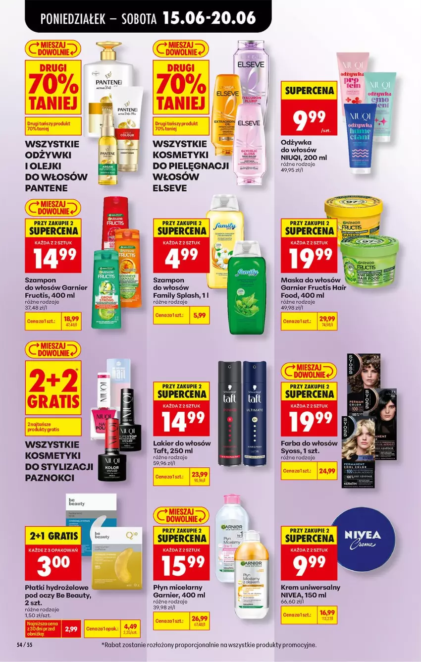 Gazetka promocyjna Biedronka - Od Poniedziałku - ważna 15.06 do 20.06.2026 - strona 74 - produkty: Be Be, Elseve, Fa, Farba do włosów, Fructis, Garnier, Gra, Krem uniwersalny, Lakier, Lakier do włosów, Maska, Maska do włosów, Niuqi, Nivea, Odzywka do włosów, Olej, Pantene, Płyn micelarny, Por, Syoss, Szampon, Taft