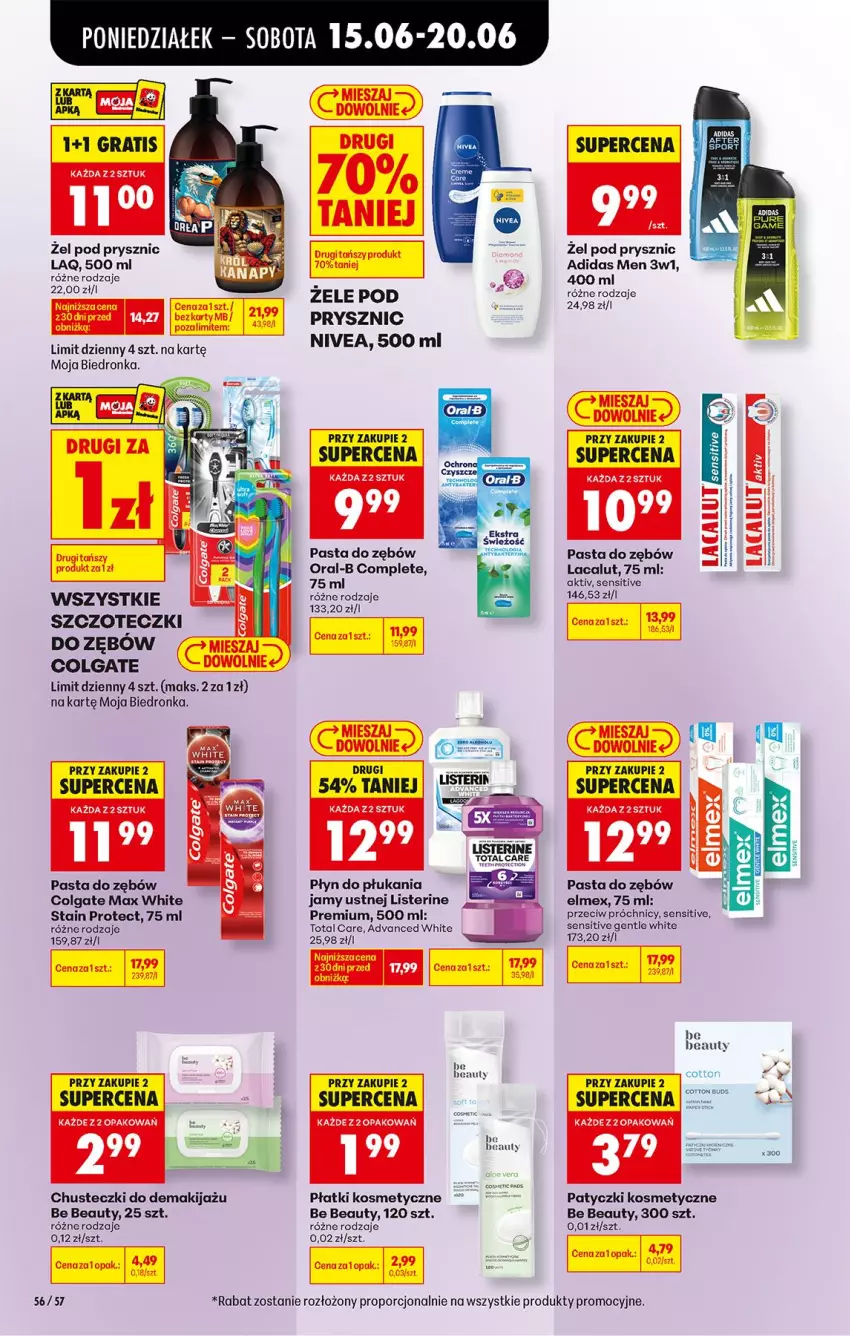 Gazetka promocyjna Biedronka - Od Poniedziałku - ważna 15.06 do 20.06.2026 - strona 76 - produkty: Adidas, Be Be, Chusteczki, Colgate, Elmex, Lacalut, LG, Listerine, Makijaż, Nivea, Pasta do zębów, Patyczki kosmetyczne, Płatki kosmetyczne, Płyn do płukania, Płyn do płukania jamy ustnej, Por