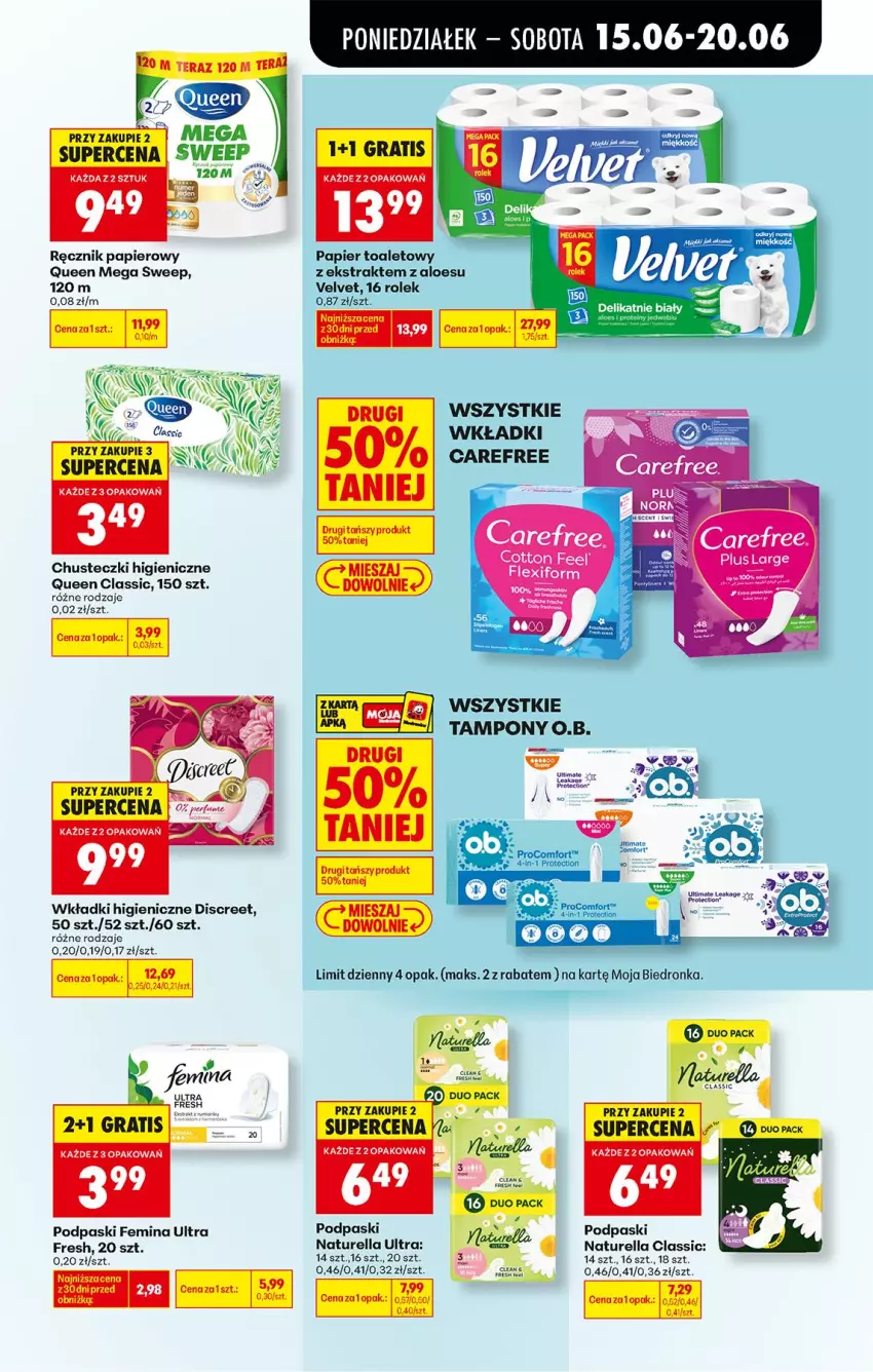Gazetka promocyjna Biedronka - Od Poniedziałku - ważna 15.06 do 20.06.2026 - strona 77 - produkty: Carefree, Chusteczki, Discreet, Fa, Gin, Gra, Naturell, Naturella, O.B., Papier, Papier toaletowy, Podpaski, Ręcznik, Tampony, Wkładki