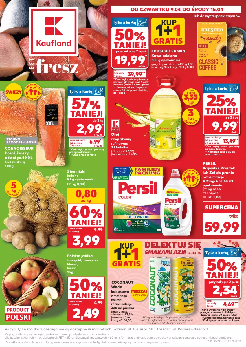 Gazetka promocyjna Kaufland - Gazetka tygodnia - ważna 09.04 do 15.04.2026 - strona 1 - produkty: Fa, Gra, Jabłka, Jonagold, Kawa, Kawa mielona, Kokos, Kosz, Olej, Olej rzepakowy, Persil, Por, Sok, Szal, Szampion, Woda, Ziemniaki
