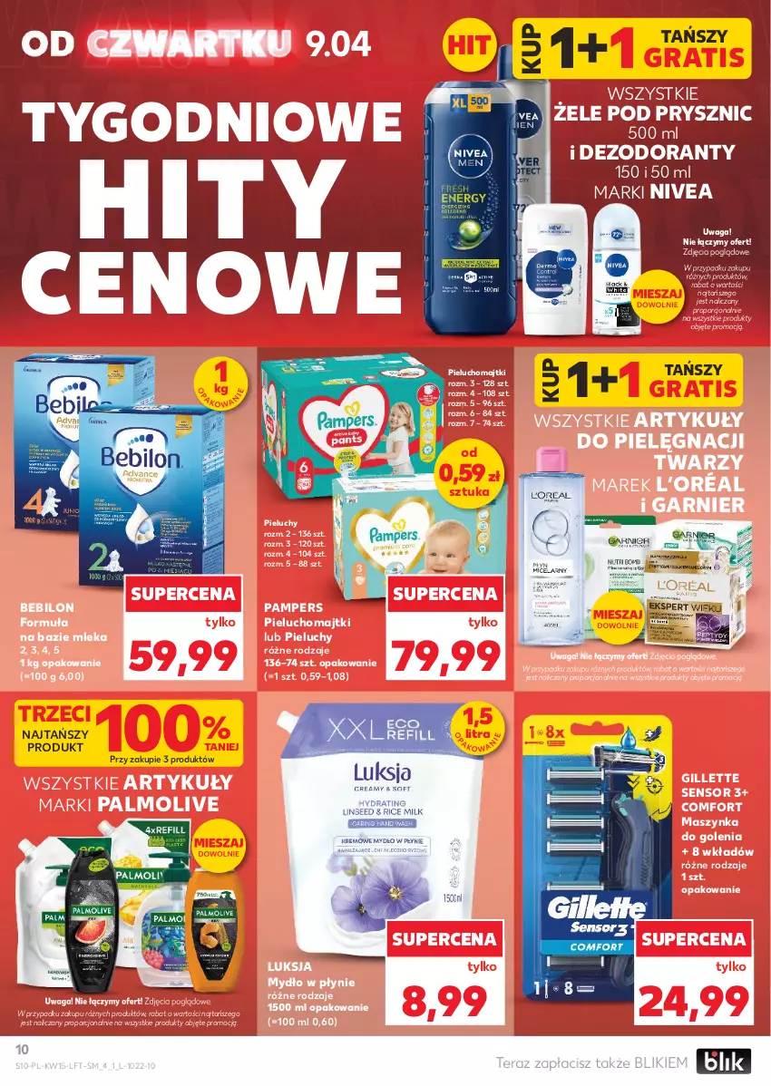 Gazetka promocyjna Kaufland - Gazetka tygodnia - ważna 09.04 do 15.04.2026 - strona 10 - produkty: BEBILON, Dezodorant, Garnier, Gillette, Gra, L’Oréal, Luksja, Majtki, Maszynka, Maszynka do golenia, Mydło, Mydło w płynie, Nivea, Palmolive, Pampers, Pieluchomajtki, Pieluchy, Por, Szynka, Tera, Waga