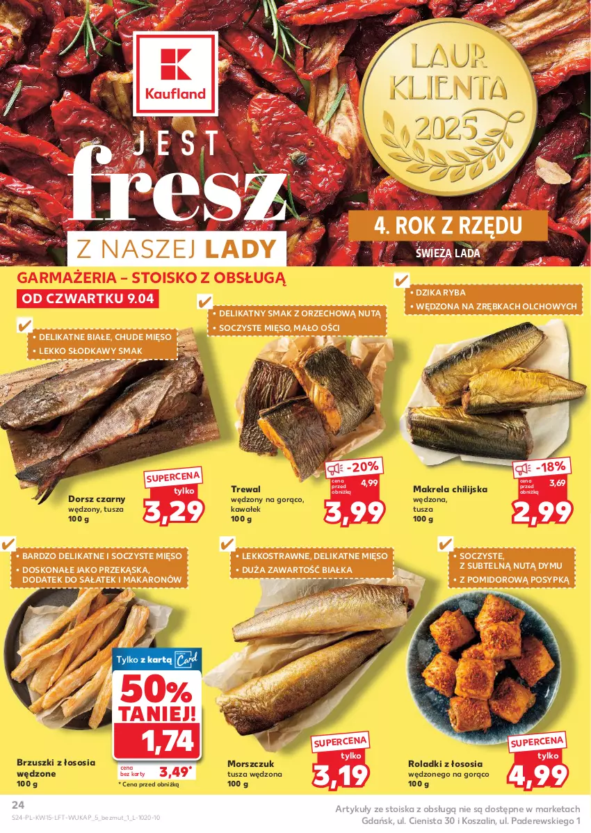Gazetka promocyjna Kaufland - Gazetka tygodnia - ważna 09.04 do 15.04.2026 - strona 24 - produkty: Brzuszki z łososia, Dorsz, Kawa, Kosz, Makaron, Mięso, Ryba, Sałat, Sos, Szal, Tusz, Wałek