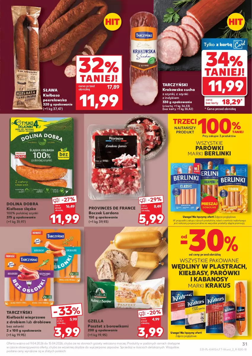 Gazetka promocyjna Kaufland - Gazetka tygodnia - ważna 09.04 do 15.04.2026 - strona 31 - produkty: Berlinki, Boczek, Kabanos, Kiełbasa, Kiełbasa śląska, Krakus, Parówki, Pasztet, Por, Tarczyński, Waga
