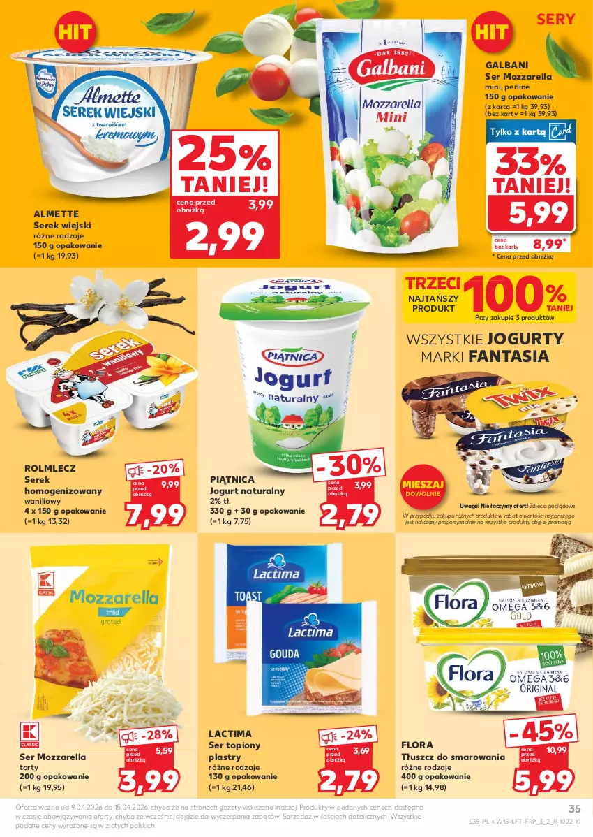 Gazetka promocyjna Kaufland - Gazetka tygodnia - ważna 09.04 do 15.04.2026 - strona 35 - produkty: Almette, Fa, Fanta, Flora, Galbani, Jogurt, Jogurt naturalny, Mozzarella, Piątnica, Por, Rolmlecz, Ser, Ser topiony, Serek, Serek homogenizowany, Serek wiejski, Top, Waga
