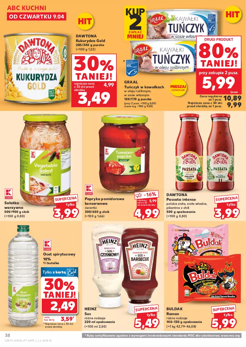 Gazetka promocyjna Kaufland - Gazetka tygodnia - ważna 09.04 do 15.04.2026 - strona 38 - produkty: Dawtona, Gra, Graal, Heinz, Kawa, Kukurydza, Ocet, Olej, Papryka, Sałat, Sałatka, Sałatka warzywna, Ser, Sos, Tuńczyk
