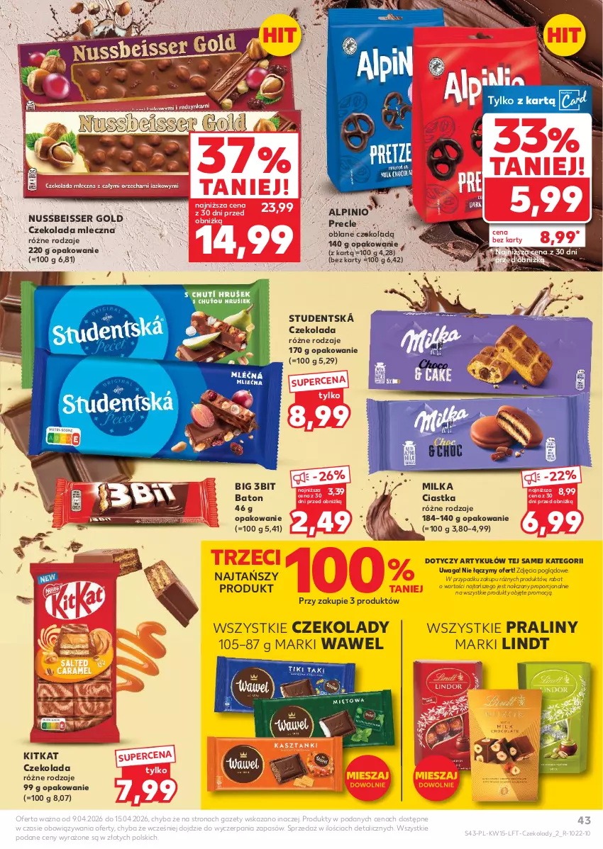 Gazetka promocyjna Kaufland - Gazetka tygodnia - ważna 09.04 do 15.04.2026 - strona 43 - produkty: Baton, Ciastka, Czekolada, Czekolada mleczna, Lindt, Milka, Por, Praliny, Precle, Ser, Waga, Wawel