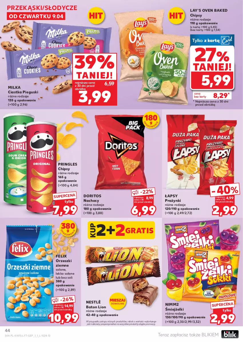 Gazetka promocyjna Kaufland - Gazetka tygodnia - ważna 09.04 do 15.04.2026 - strona 44 - produkty: Baton, Chipsy, Ciastka, Felix, Gra, Lay’s, Lion, Milka, Nestlé, Nimm2, Orzeszki, Orzeszki ziemne, Por, Pringles, Tera