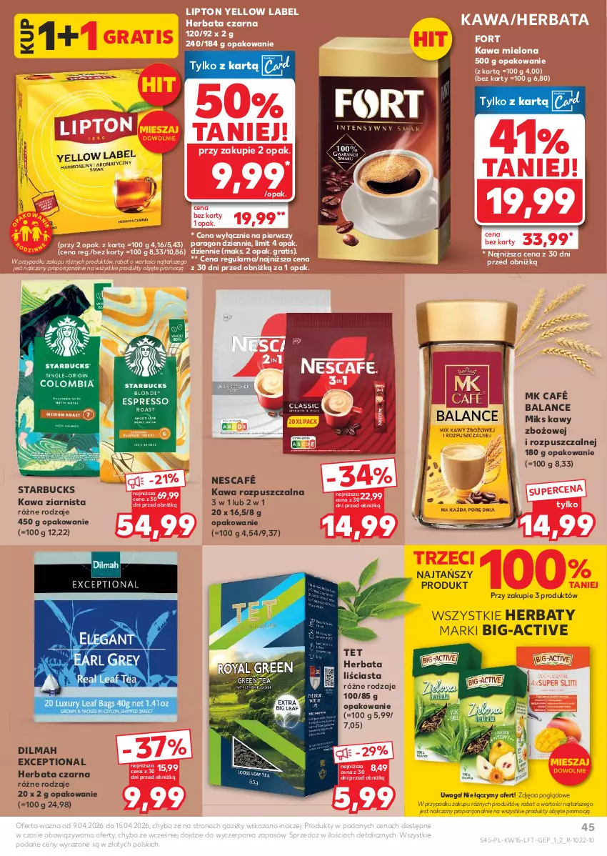 Gazetka promocyjna Kaufland - Gazetka tygodnia - ważna 09.04 do 15.04.2026 - strona 45 - produkty: Dilmah, Gra, Herbata, Herbata czarna, Kawa, Kawa mielona, Kawa rozpuszczalna, Kawa ziarnista, Lipton, Nescafé, Por, Waga