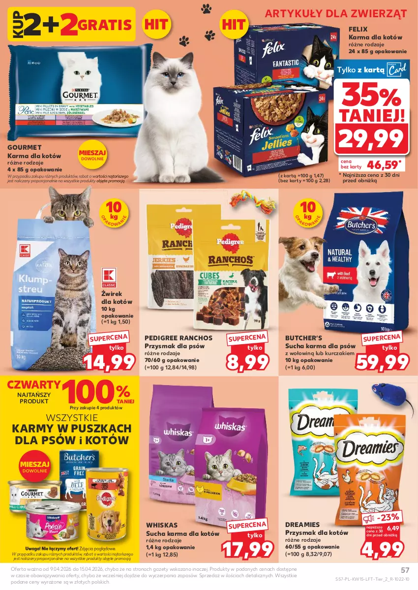 Gazetka promocyjna Kaufland - Gazetka tygodnia - ważna 09.04 do 15.04.2026 - strona 57 - produkty: Felix, Gra, Kurczak, Pedigree, Por, Sucha karma, Waga, Whiskas