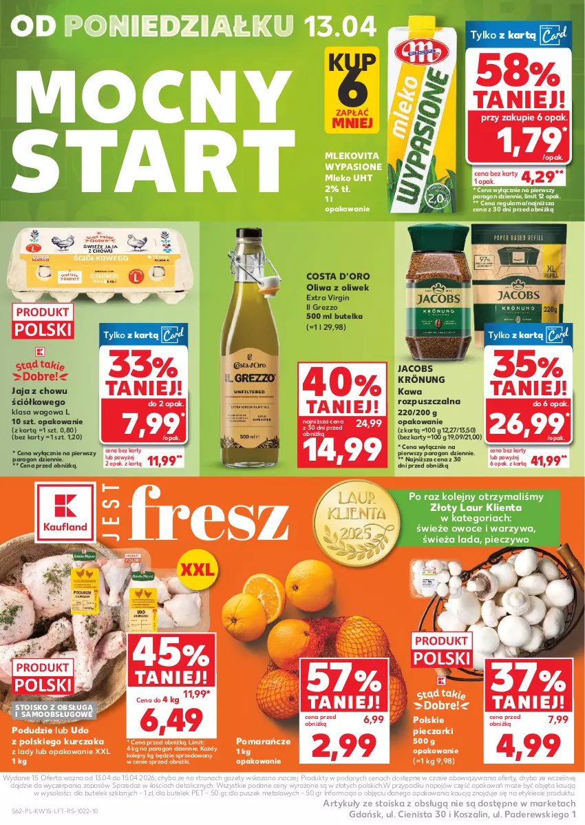 Gazetka promocyjna Kaufland - Gazetka tygodnia - ważna 09.04 do 15.04.2026 - strona 62 - produkty: Gin, Jacobs, Jacobs Krönung, Jaja, Kawa, Kawa rozpuszczalna, Kosz, Kurczak, Laur, Mleko, Mlekovita, Olej, Oliwa, Oliwa z oliwek, Owoce, Piec, Pieczywo, Pomarańcze, Sok, Szal, Warzywa