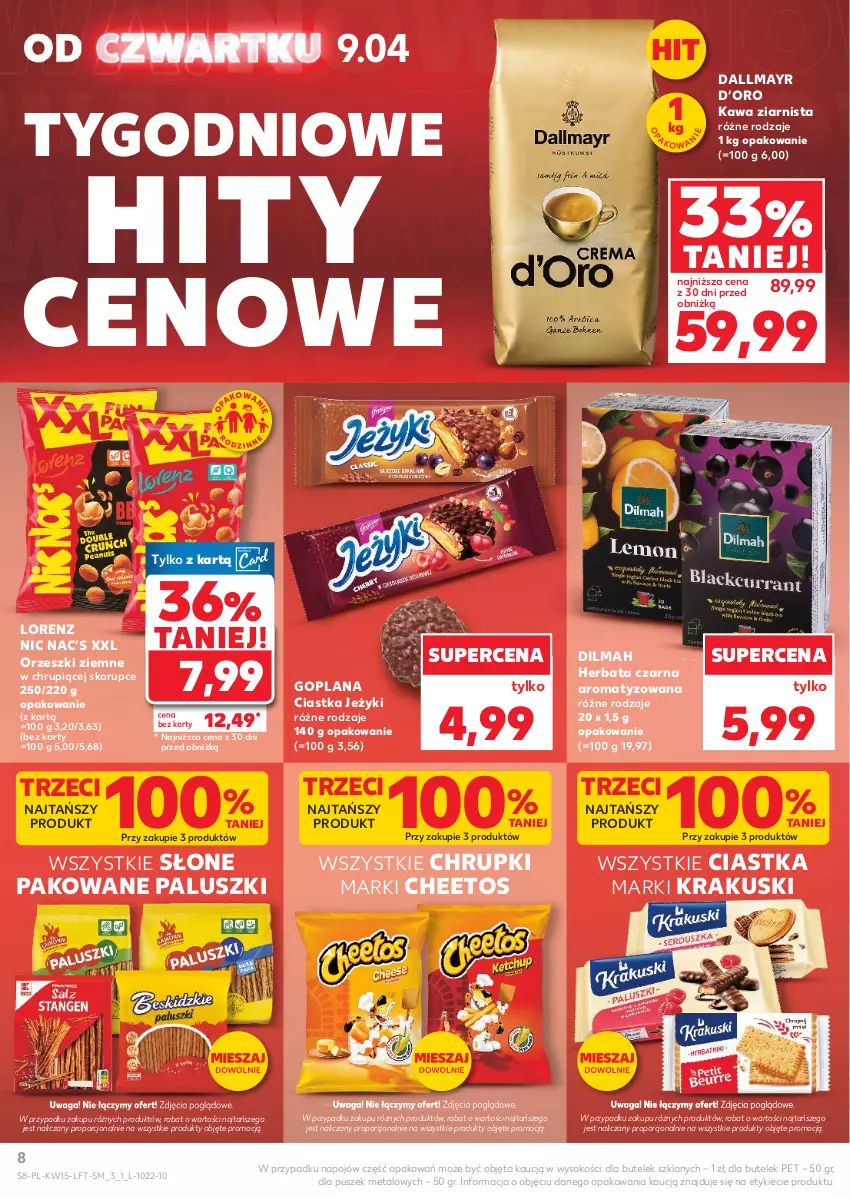 Gazetka promocyjna Kaufland - Gazetka tygodnia - ważna 09.04 do 15.04.2026 - strona 8 - produkty: Cheetos, Chrupki, Ciastka, Dallmayr, Dilmah, Goplana, Herbata, Herbata czarna, Jeżyki, Kawa, Kawa ziarnista, Krakus, Krakuski, LANA, Lorenz, Orzeszki, Orzeszki ziemne, Por, Sok, Waga
