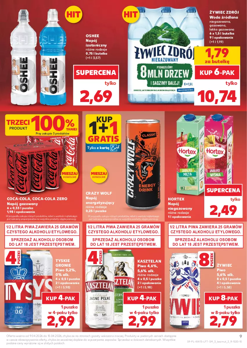 Gazetka promocyjna Kaufland - Gazetka tygodnia - ważna 09.04 do 15.04.2026 - strona 9 - produkty: Coca-Cola, Gra, Hortex, Kasztelan, LANA, Napój, Napój gazowany, Napój izotoniczny, Napój niegazowany, Oshee, Piwa, Piwo, Por, Tyskie, Woda