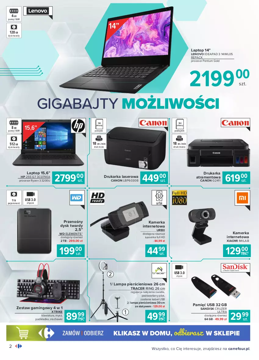 Gazetka promocyjna Carrefour - Gazetka Multimedia - ważna 15.02 do 06.03.2021 - strona 2 - produkty: Acer, Canon, Drukarka, HP, Kabel USB, Klawiatura, Lampa, Lenovo, Mysz, Pentium, Podkład, Podkładka, Procesor, Przenośny dysk twardy, Ser, Silan, Słuchawki, Top