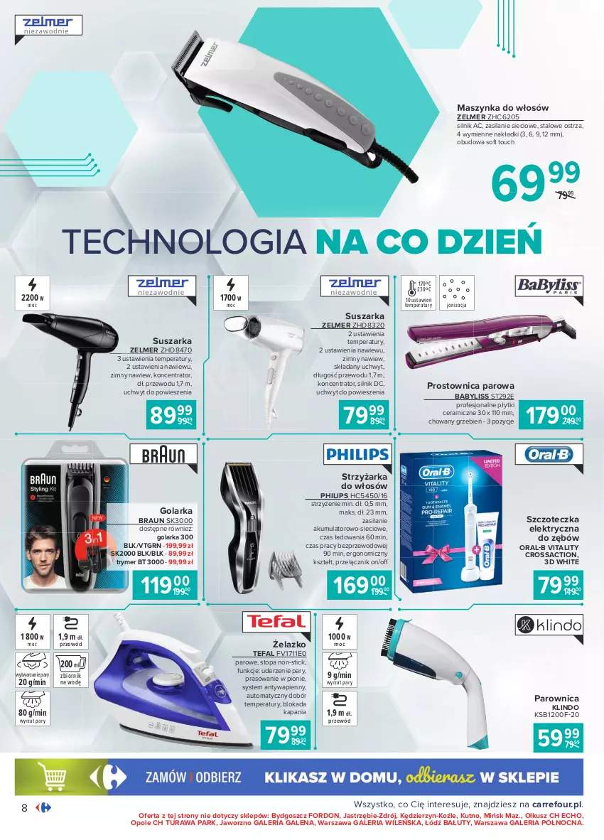 Gazetka promocyjna Carrefour - Gazetka Multimedia - ważna 15.02 do 06.03.2021 - strona 8 - produkty: Akumulator, Babyliss, Braun, Fa, Golarka, K2, Maszynka, Parownica, Philips, Przewód, Silan, Suszarka, Szczoteczka, Szynka, Tefal, Top, Zelmer