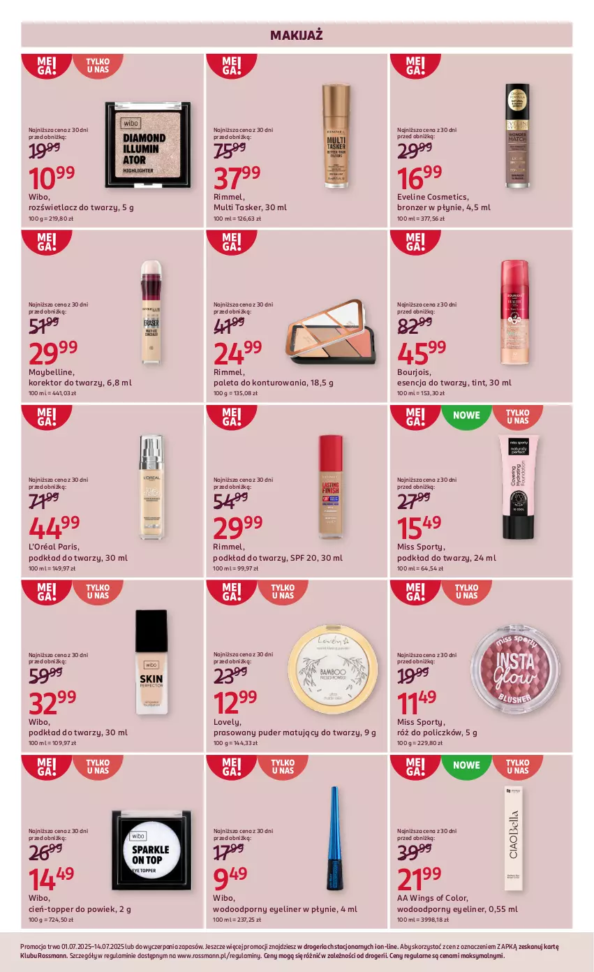 Gazetka promocyjna Rossmann - 1 lipca - ważna 01.07 do 14.07.2025 - strona 10 - produkty: Bell, Bourjois, Bronzer, Cień, Eveline, Korektor do twarzy, L’Oréal, Lovely, Makijaż, Maybelline, Miss Sporty, Paleta, Podkład, Podkład do twarzy, Por, Puder, Róż do policzków, Rozświetlacz, Sport, Top, Wibo