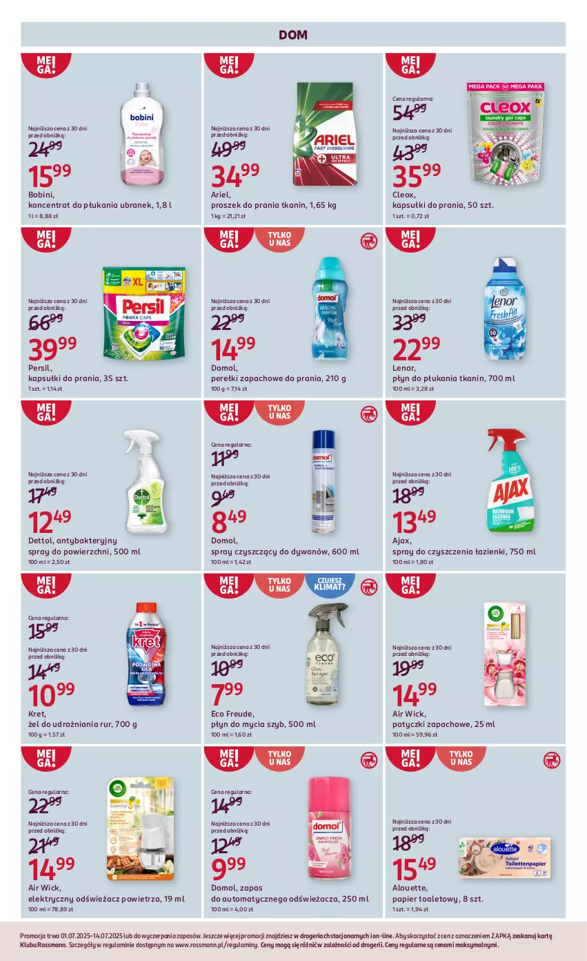 Gazetka promocyjna Rossmann - 1 lipca - ważna 01.07 do 14.07.2025 - strona 12 - produkty: Air Wick, Ajax, Alouette, Antybakteryjny spray, Ariel, Dettol, Domol, Dywan, Kapsułki do prania, Kret, Lenor, Odświeżacz powietrza, Papier, Papier toaletowy, Perełki zapachowe, Persil, Płyn do mycia, Płyn do płukania, Proszek do prania, Spray do czyszczenia