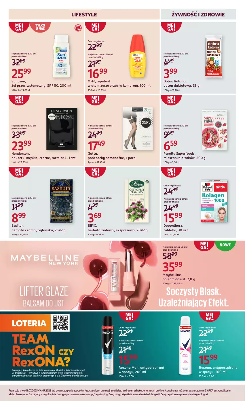Gazetka promocyjna Rossmann - 1 lipca - ważna 01.07 do 14.07.2025 - strona 15 - produkty: Antyperspirant, Balsam do ust, Baton, Bell, Bokserki, Doppelherz, Gatta, Herbata, Herbata czarna, Maybelline, Pończochy, Pur, Purella superfoods, Rexona, Ser, Tablet, Zdrowie