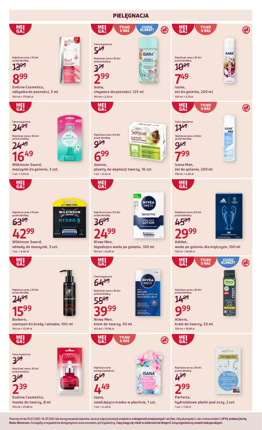 Gazetka promocyjna Rossmann - 1 lipca - ważna 01.07 do 14.07.2025 - strona 5 - produkty: Adidas, Alterra, Eveline, Hydrożelowe płatki pod oczy, Isana, Joanna, Krem do twarzy, Maska, Maska do twarzy, Maska w płachcie, Nivea, Nivea Men, Odżywka, Perfecta, Plastry do depilacji, Szampon, Wilkinson Sword, Woda, Woda po goleniu, Zmywacz do paznokci