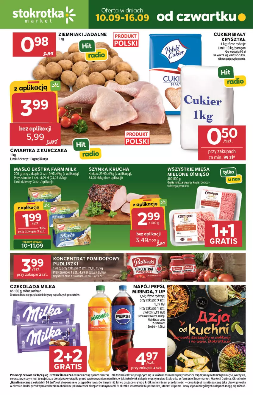 Gazetka promocyjna Stokrotka - Market - ważna 10.09 do 16.09.2026 - strona 1 - produkty: Cukier, Czekolada, Fa, Farm Milk, Gra, Kurczak, Masło, Mięso, Milka, Mirinda, Napój, Optima, Owoce, Pepsi, Pudliszki, Warzywa, Ziemniaki
