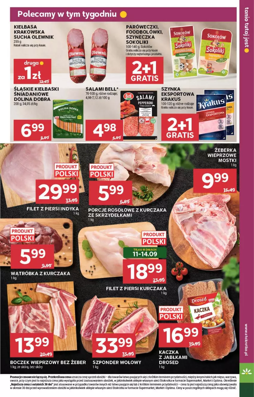 Gazetka promocyjna Stokrotka - Market - ważna 10.09 do 16.09.2026 - strona 11 - produkty: Bell, Boczek, Boczek wieprzowy, Danio, Gra, Jabłka, Kaczka, Kiełbasa, Krakus, Kurczak, LG, Mięso, Olewnik, Optima, Owoce, Por, Salami, Sok, Sokołów, Sport, Szponder wołowy, Szynka, Warzywa