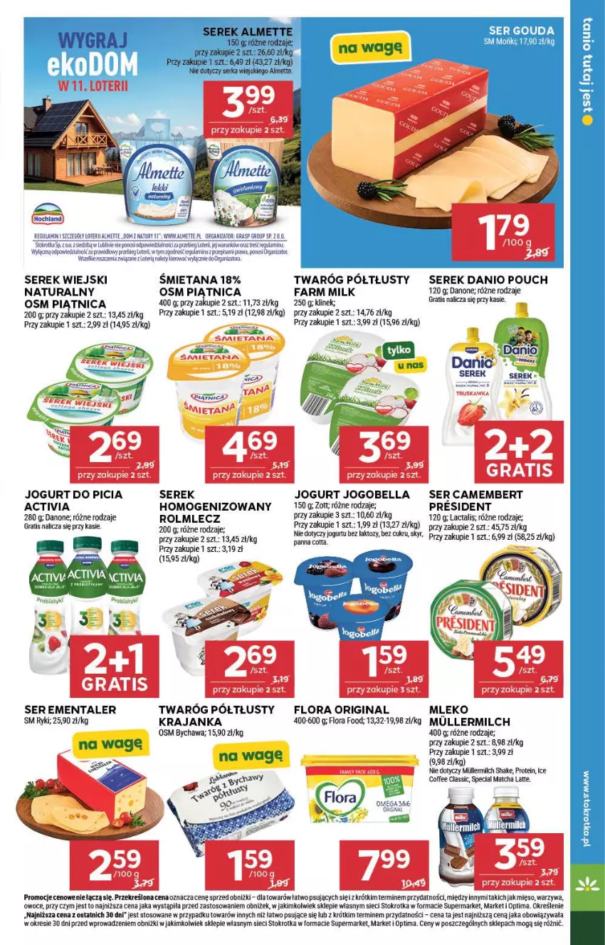 Gazetka promocyjna Stokrotka - Market - ważna 10.09 do 16.09.2026 - strona 13 - produkty: Activia, Almette, Bell, Bella, Camembert, Danio, Danone, Ementaler, Fa, Farm Milk, Flora, Gin, Gouda, Gra, Jogobella, Jogurt, Mięso, Mleko, Optima, Owoce, Panna cotta, Piątnica, Rolmlecz, Ser, Serek, Serek homogenizowany, Serek wiejski, Twaróg, Twaróg półtłusty, Warzywa, Zott