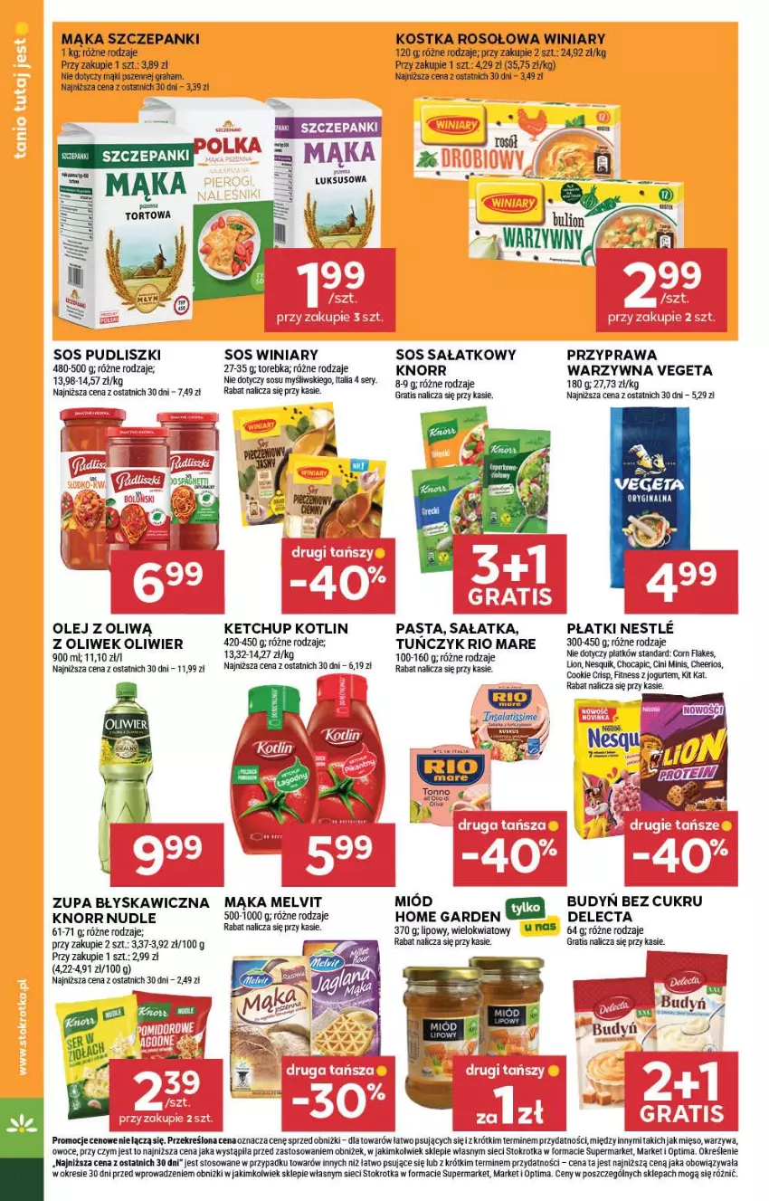 Gazetka promocyjna Stokrotka - Market - ważna 10.09 do 16.09.2026 - strona 18 - produkty: Budyń, Cheerios, Delecta, Gin, Gra, Jogurt, Kit Kat, Knorr, Kotlin, Lion, Mąka, Melvit, Mięso, Miód, Nesquik, Olej, Optima, Owoce, Pudliszki, Rio Mare, Sałat, Sałatka, Ser, Sos, Torebka, Vegeta, Warzywa, Winiary, Zupa