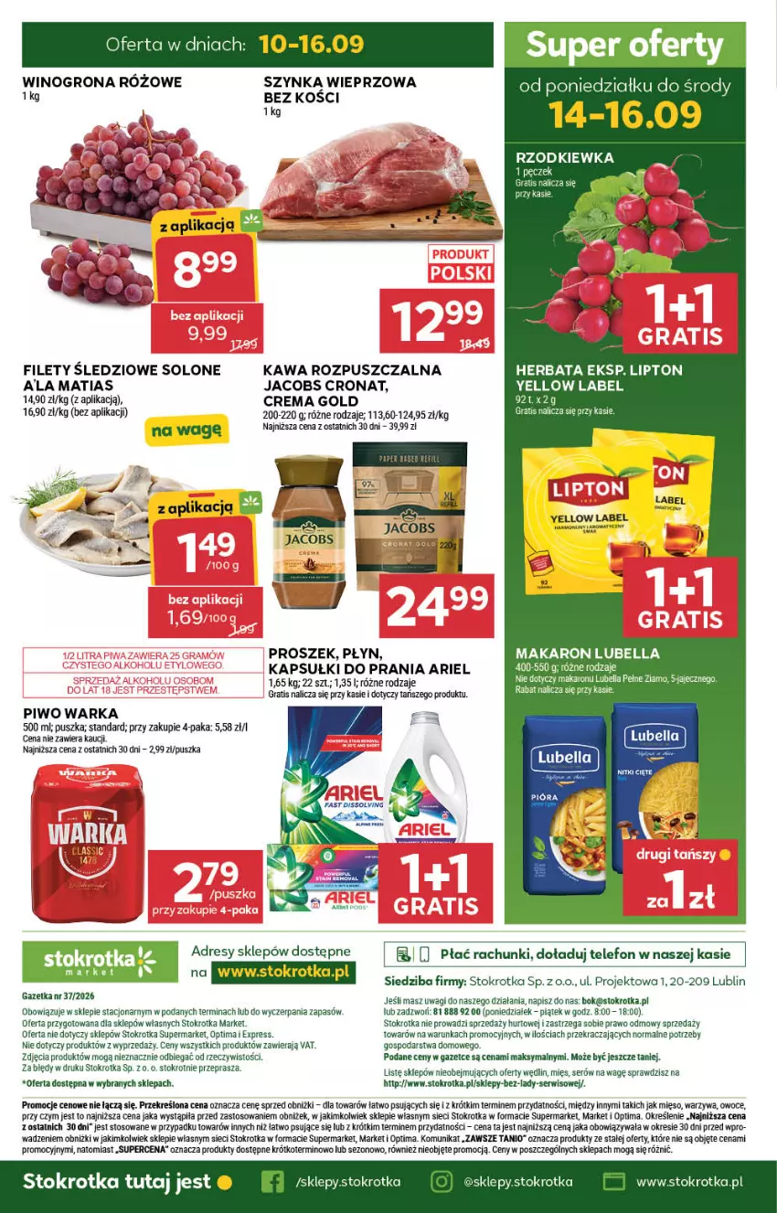 Gazetka promocyjna Stokrotka - Market - ważna 10.09 do 16.09.2026 - strona 30 - produkty: Ariel, Bell, Bella, Dres, Fa, Gra, Herbata, Jacobs, Kapsułki do prania, Kawa, Kawa rozpuszczalna, LG, Lipton, Lubella, Makaron, Mięso, O nas, Optima, Owoce, Piwo, Rzodkiewka, Ser, Szynka, Szynka wieprzowa, Telefon, Wagi, Warka, Warzywa, Wino, Winogrona