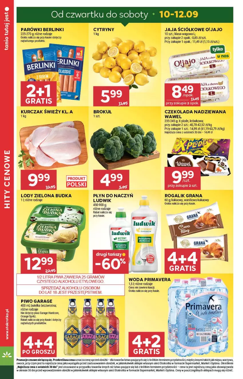 Gazetka promocyjna Stokrotka - Market - ważna 10.09 do 16.09.2026 - strona 6 - produkty: Berlinki, Cytryny, Czekolada, Czekolada nadziewana, Gra, Jaja, Kakao, Kurczak, Lody, Ludwik, Mięso, Optima, Owoce, Parówki, Piwa, Piwo, Prima, Primavera, Rogal, Warzywa, Wawel, Woda, Zielona Budka
