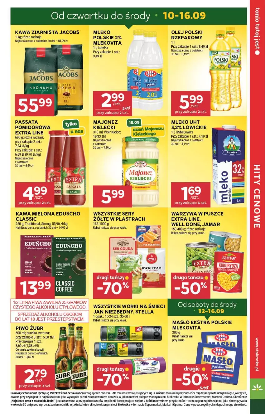 Gazetka promocyjna Stokrotka - Market - ważna 10.09 do 16.09.2026 - strona 7 - produkty: Edam, Jacobs, Jan Niezbędny, Kawa, Kawa mielona, Kawa ziarnista, Majonez, Masło, Mięso, Mleko, Mlekovita, Olej, Optima, Owoce, Piwo, Rycki Edam, Ser, Warzywa, Worki na śmiec, Worki na śmieci