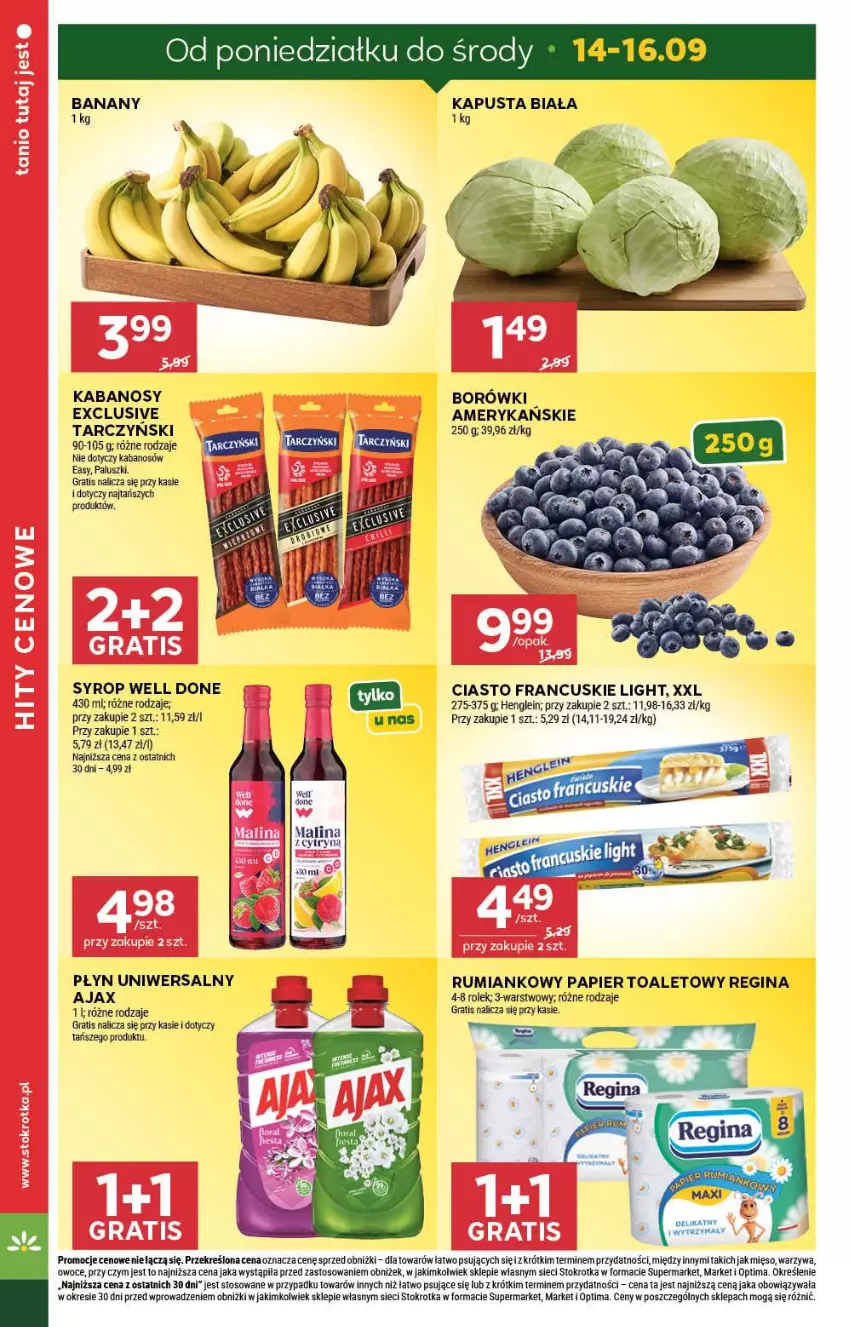 Gazetka promocyjna Stokrotka - Market - ważna 10.09 do 16.09.2026 - strona 8 - produkty: Ajax, Banany, Ciasto francuskie, Gin, Gra, Kabanos, Mięso, Optima, Owoce, Papier, Papier toaletowy, Rum, Syrop, Warzywa
