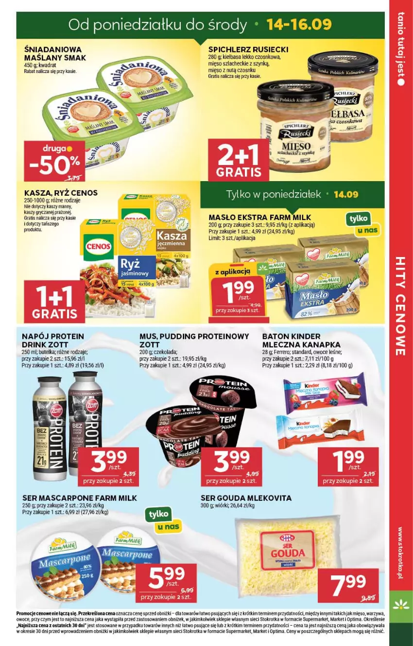 Gazetka promocyjna Stokrotka - Market - ważna 10.09 do 16.09.2026 - strona 9 - produkty: Baton, Czekolada, Danio, Fa, Farm Milk, Ferrero, Gouda, Gra, Gry, Kasza, Kiełbasa, Kinder, Mascarpone, Masło, Mięso, Mleczna kanapka, Mleko, Mlekovita, Mus, Napój, Optima, Owoce, Por, Pudding, Ryż, Ser, Spichlerz Rusiecki, Warzywa, Zott