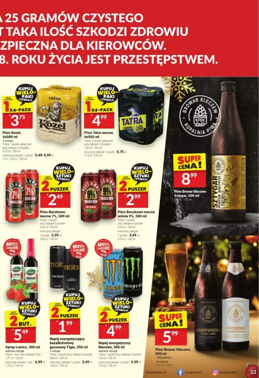 Gazetka promocyjna Twoj Market - ważna 06.12 do 12.12.2023 - strona 27 - produkty: Kozel, Napój, Napój energetyczny, Piwo, Tatra, Tiger