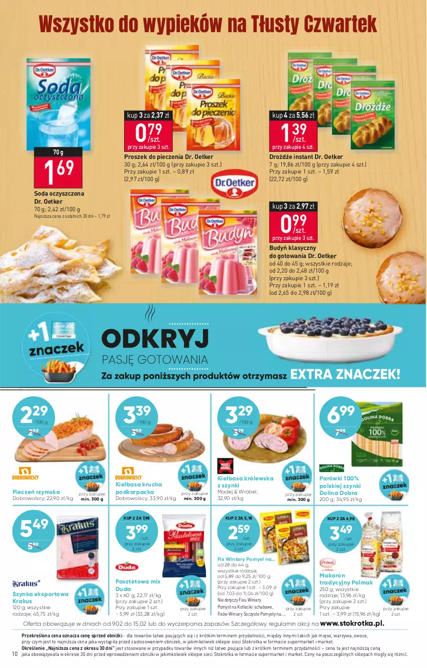 Gazetka promocyjna Stokrotka - Market - ważna 09.02 do 15.02.2023 - strona 10 - produkty: Budyń, Dr. Oetker, Drożdże, Duda, Karp, Kiełbasa, Kiełbasa krucha, Krakus, Makaron, Mięso, Olma, Owoce, Parówki, Pasztet, Piec, Pieczeń rzymska, Por, Proszek do pieczenia, Soda oczyszczona, Sport, Szynka, Warzywa, Winiary