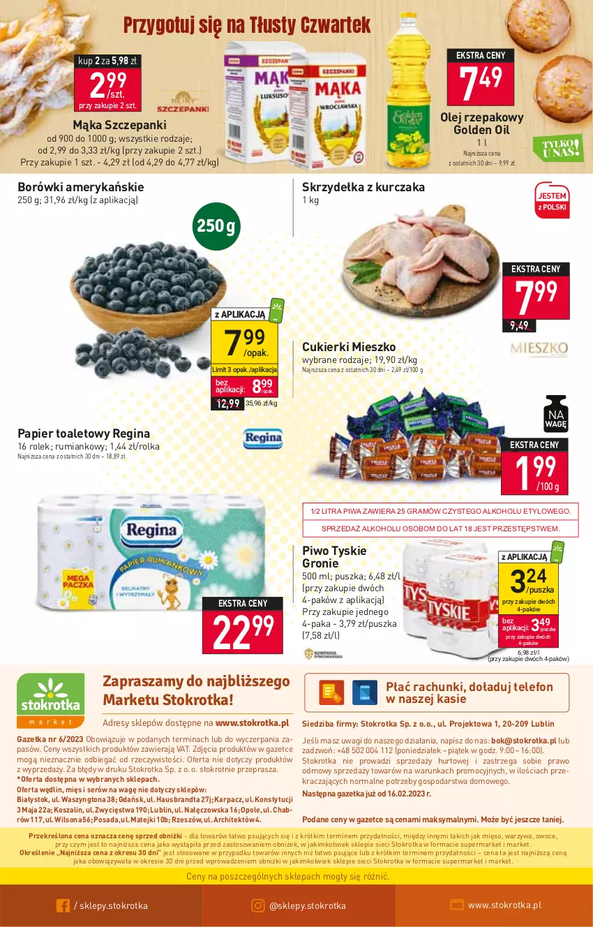 Gazetka promocyjna Stokrotka - Market - ważna 09.02 do 15.02.2023 - strona 12 - produkty: Cukier, Cukierki, Gin, Gra, Karp, Kosz, Kurczak, Mąka, Mięso, O nas, Olej, Olej rzepakowy, Owoce, Papier, Papier toaletowy, Piwa, Piwo, Rum, Ser, Skrzydełka z kurczaka, Szal, Telefon, Tyskie, Wagi, Warzywa, Wilson