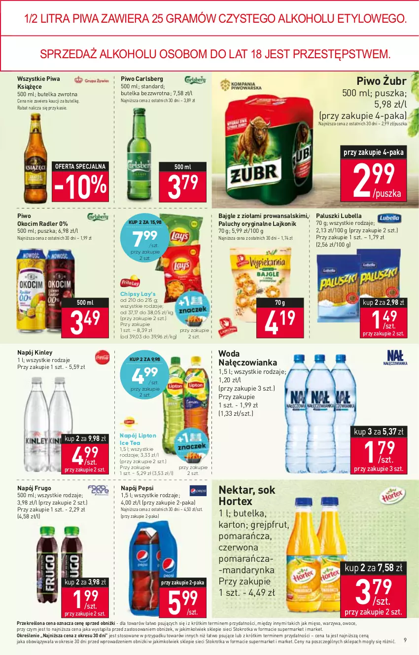 Gazetka promocyjna Stokrotka - Market - ważna 09.02 do 15.02.2023 - strona 9 - produkty: Bajgle, Bell, Bella, Carlsberg, Chipsy, Gin, Gra, Grejpfrut, Hortex, Ice tea, Koc, Książęce, Lajkonik, Lay’s, Lipton, Lubella, Mięso, Nałęczowianka, Napój, Nektar, Okocim, Owoce, Pepsi, Piwa, Piwo, Radler, Sok, Warzywa, Woda