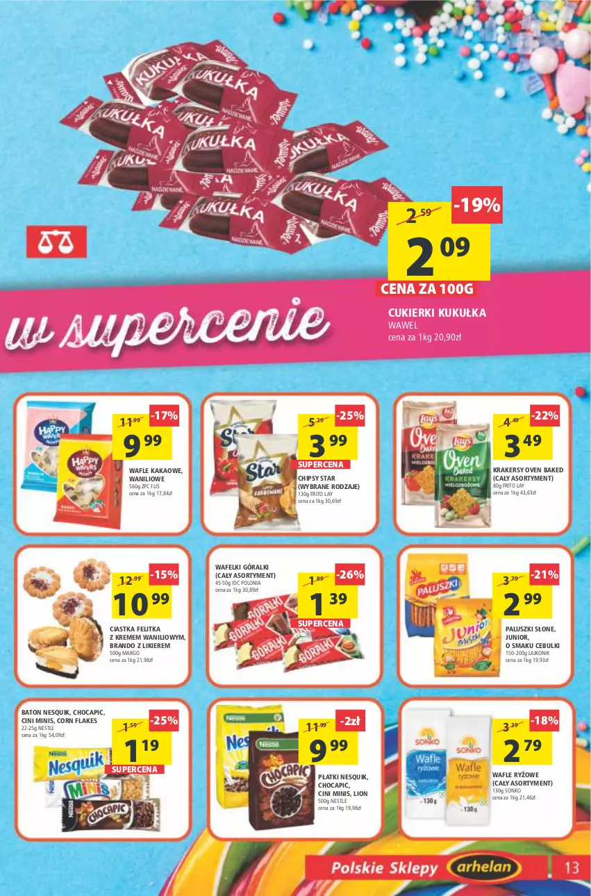 Gazetka promocyjna Arhelan - Gazetka - ważna 01.07 do 10.07.2022 - strona 13 - produkty: Baton, Chipsy, Ciastka, Cini Minis, Corn flakes, Cukier, Cukierki, Góralki, Kakao, Krakersy, Lajkonik, Likier, Lion, Nesquik, Ryż, Sonko, Wafle, Wawel