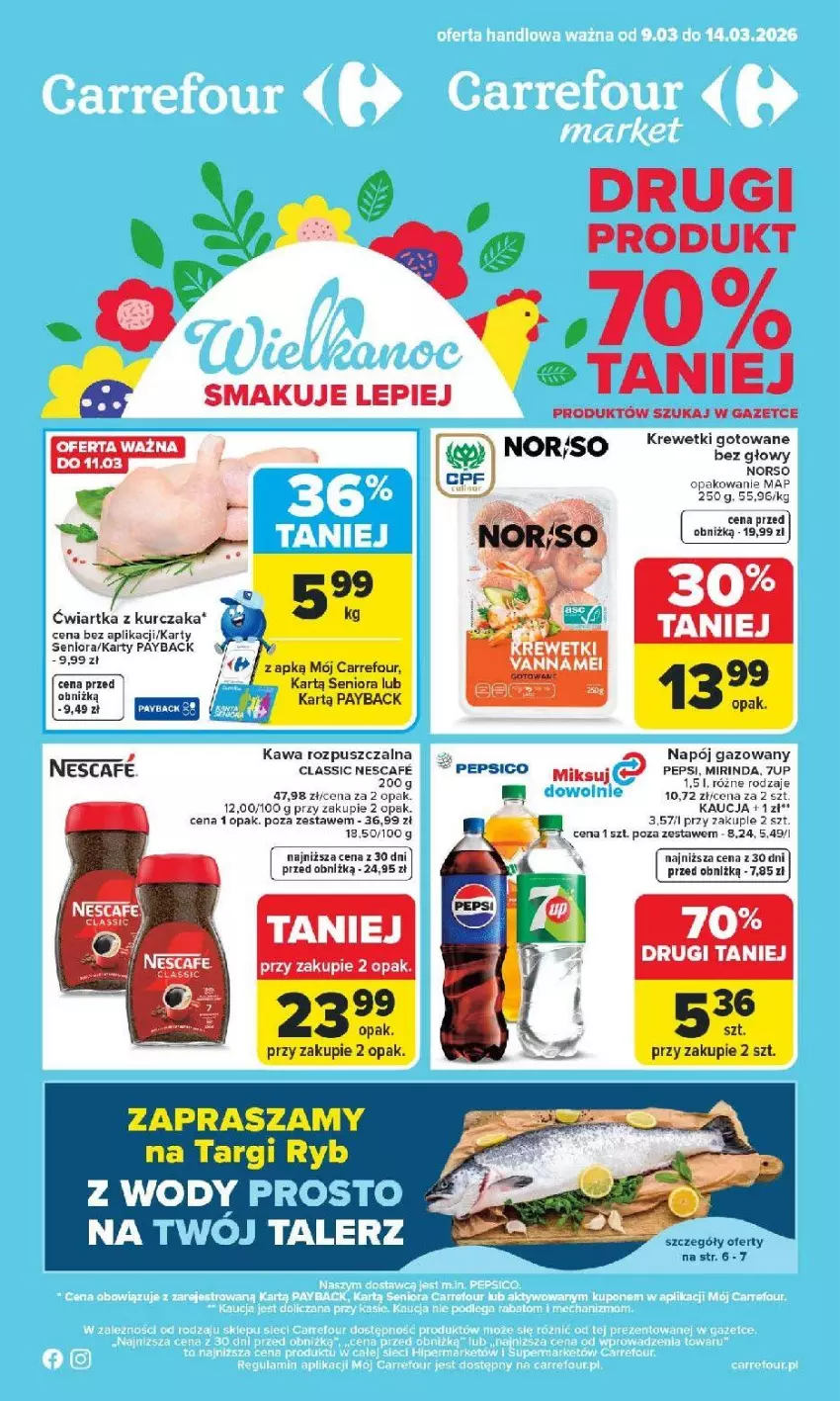 Gazetka promocyjna Carrefour - Gazetka Carrefour, Market od poniedziałku! - ważna 09.03 do 14.03.2026 - strona 1 - produkty: 7up, Brie, Kawa, Kawa rozpuszczalna, Krewetki, Kurczak, Mirinda, Napój, Napój gazowany, Pepsi, Talerz