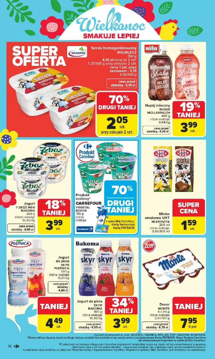 Gazetka promocyjna Carrefour - Gazetka Carrefour, Market od poniedziałku! - ważna 09.03 do 14.03.2026 - strona 16 - produkty: Amica, Bakoma, Deser, Jogurt, Kokos, Mleko, Mleko smakowe, Monte, Napój, Napój mleczny, Rolmlecz, Ser, Serek, Serek homogenizowany, Vegeta, Zott