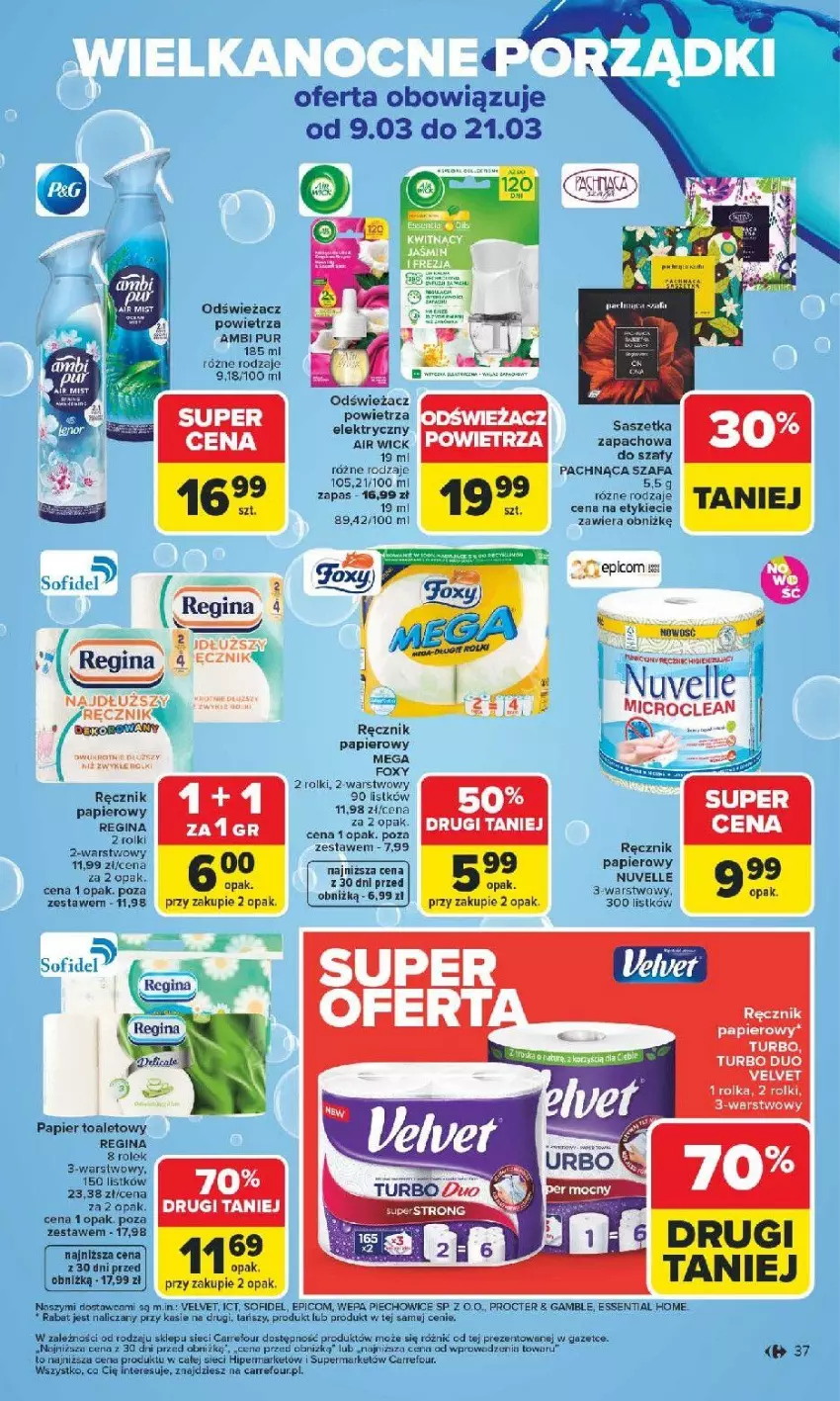 Gazetka promocyjna Carrefour - Gazetka Carrefour, Market od poniedziałku! - ważna 09.03 do 14.03.2026 - strona 39 - produkty: Fa, Foxy, Gin, Odświeżacz powietrza, Papier, Piec, Por, Pur, Ręcznik, Rolki, Szafa, Velvet