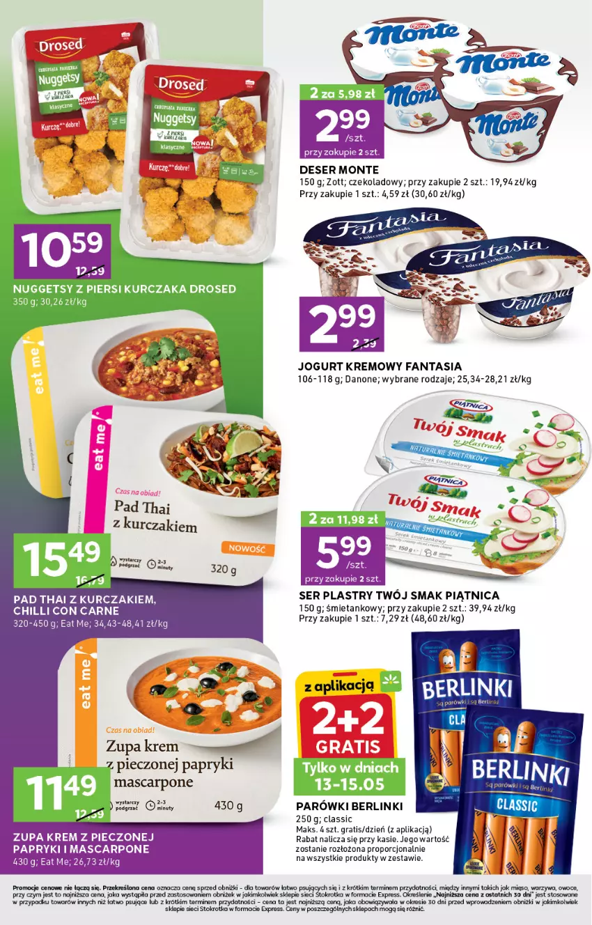 Gazetka promocyjna Stokrotka - Stokrotka Express - ważna 09.05 do 15.05.2024 - strona 2 - produkty: Berlinki, Danone, Deser, Fa, Fanta, Gra, Jogurt, Kurczak, Mascarpone, Mięso, Monte, Nuty, Owoce, Parówki, Piątnica, Piec, Por, Ser, Twój Smak, Warzywa, Zott, Zupa