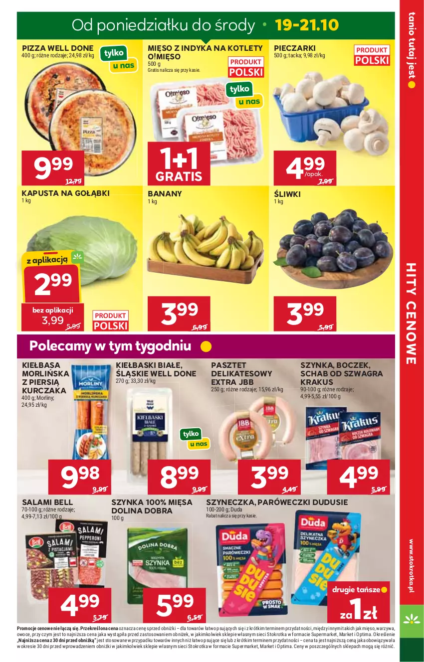 Gazetka promocyjna Stokrotka - Market - ważna 15.10 do 21.10.2026 - strona 5 - produkty: Banany, Bell, Boczek, Duda, Gra, Kiełbasa, Kiełbaski białe, Kotlet, Krakus, Kurczak, Mięso, Mięso z indyka, Morliny, Optima, Owoce, Pasztet, Piec, Pizza, Salami, Szynka, Warzywa