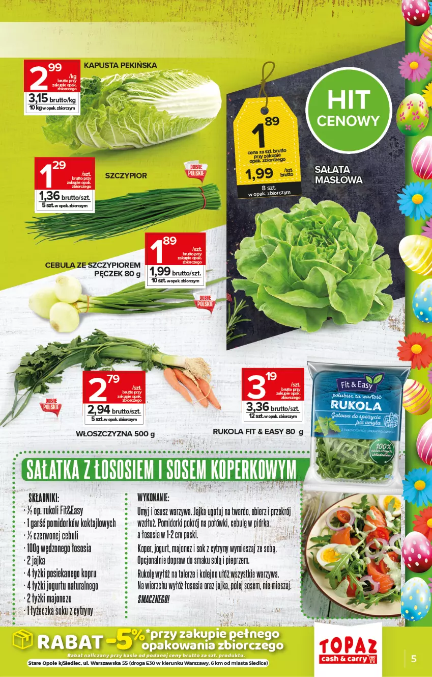 Gazetka promocyjna Topaz - Gazetka - ważna 01.04 do 07.04.2021 - strona 5 - produkty: Cebula, Cytryny, Jogurt, LG, Majonez, Masło, Olej, Pieprz, Pomidorki, Rukola, Sałat, Sok, Sos, Talerz, Warzywa